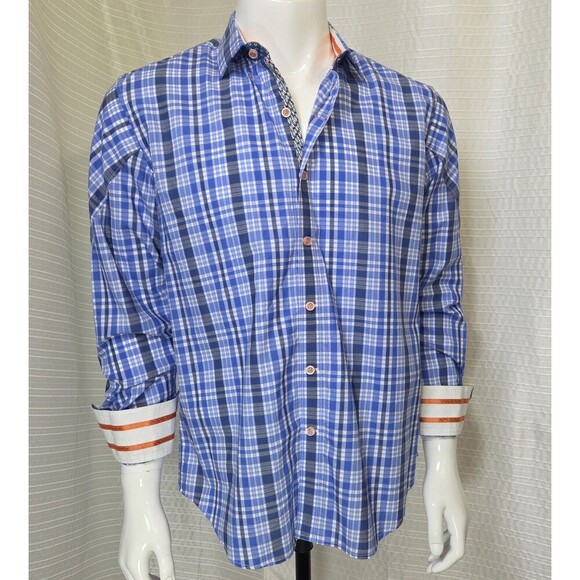 Robert Graham X Collection Flip Cuff Shirt Blue Plaid /Multi-Orange Trim Men's L - Picture 1 of 12